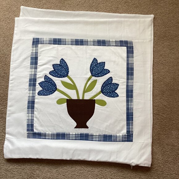 4 Big Handmade Cushion Covers Floral Applique Blue White 24" Square Country Home - Picture 3 of 4